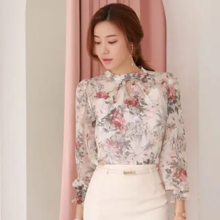 Áo hoa cổ tròn tay nhún - F1000AK - Ảnh 1