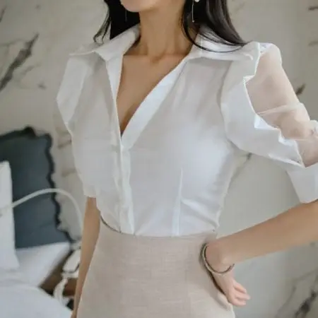 Áo sơ mi kiểu phối voan tay ngắn - F1000ASM - Ảnh 2