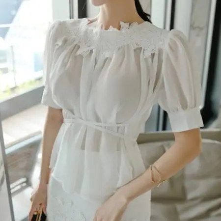 Áo voan phồng tay ngắn phối ren - F1006AK - Ảnh 2
