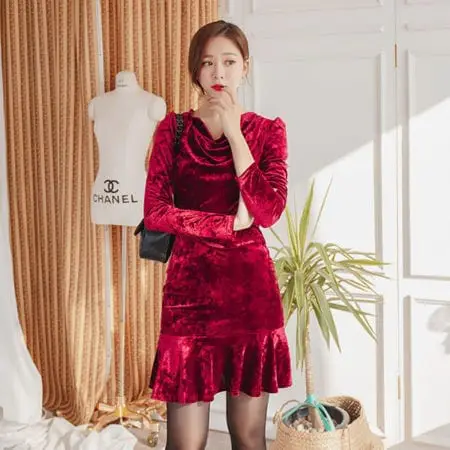 Đầm nhung ôm body cổ đỗ tay dài - F1007DO - Ảnh 2