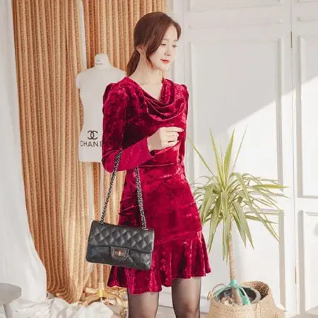 Đầm nhung ôm body cổ đỗ tay dài - F1007DO - Ảnh 3