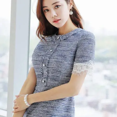 Đầm tweed suông tay ngắn phối ren - F1006DS - Ảnh 2