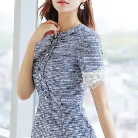 Đầm tweed suông tay ngắn phối ren - F1006DS - Ảnh 3
