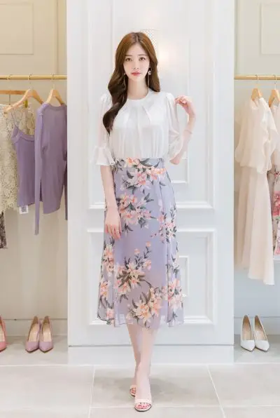 Áo voan xếp li tay loe + Váy hoa voan dài