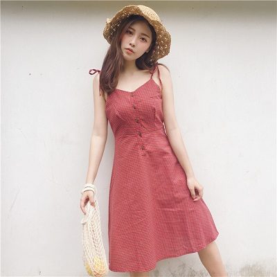 Đầm 2 dây thắt nơ caro xinh xắn