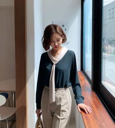 Sơ mi cổ thắt nút tinh tế - Ảnh 2