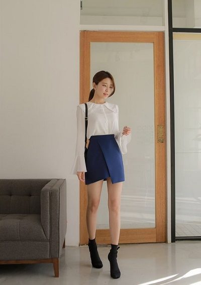 Áo sơ mi chiffon + Quần giả váy xanh dương nhẹ nhàng