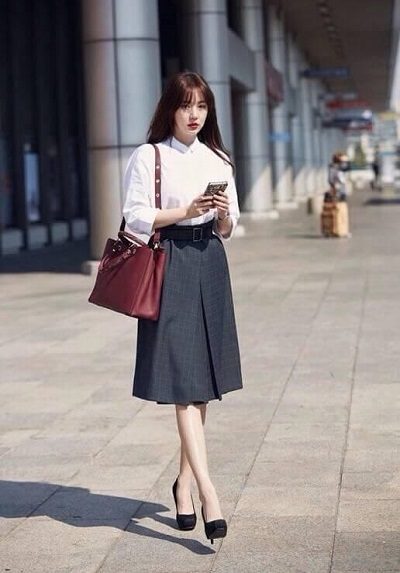 Quần giả váy dáng dài kết hợp áo sơ mi tay dài cho nàng công sở