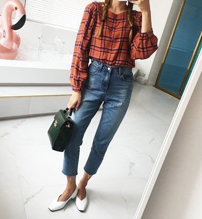 Blouse kẻ tay bồng + Quần jeans + Giày búp bê: công thức mix đồ đi học cho học sinh cấp 2 siêu xinh siêu dễ diện