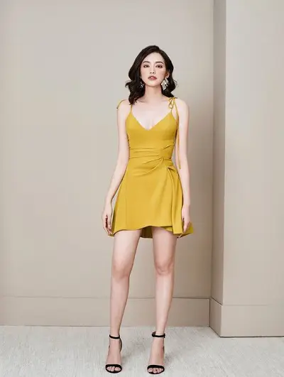 Đầm màu vàng: Đầm ngắn thắt eo hai dây hở sâu