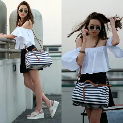 Diện áo trễ vai tay bồng với short ngắn