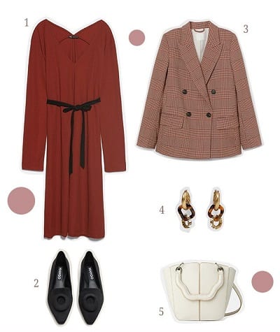 Váy nhấn eo cao+ Áo blazer + Giày loafer