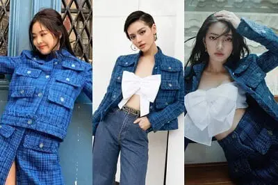 Không những vậy, nhiều người đẹp như Châu Bùi, Khánh Linh còn tài tình kết hợp chiếc áo croptop nơ này với chiếc áo khoác classic blue cũng từng được chính Jennie diện để tạo nên một chiếc look mới mẻ hơn.