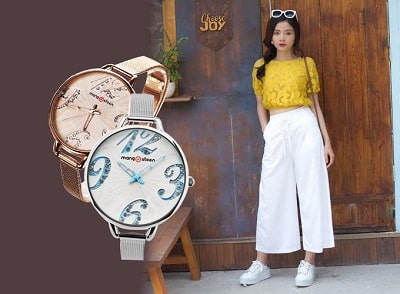 Quần ống rộng và đồng hồ bản to