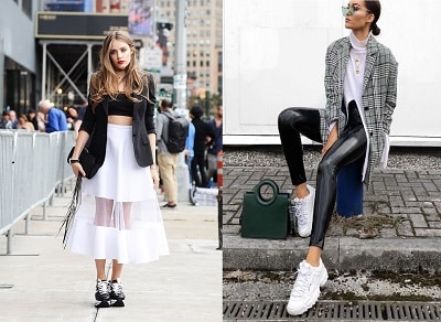 Phối giày sneaker với áo croptop cá tính và quần da