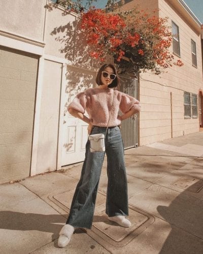 Quần jean ống rộng mix cùng áo khoác cardigan len - Ảnh 2