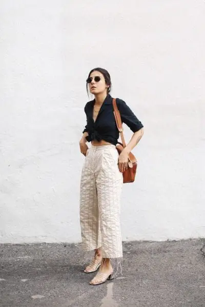 Áo sơ mi croptop quấn gấu cùng quần culottes lịch sự nhưng vẫn rất thoải mái