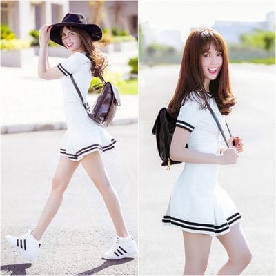 Năng động cùng cách phối giày thể thao trắng cùng váy ngắn