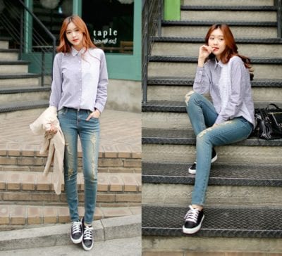 Thanh lịch với cách mix đồ cùng giày thể thao đen và áo sơ mi cho cô nàng công sở