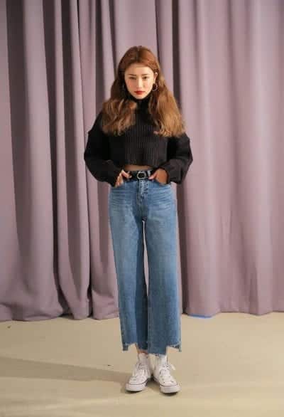 Áo len Crop Top phối với quần Culottes bò
