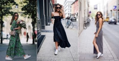 Các nàng có thể tạo nên nhiều phong cách từ bánh bèo đến cá tính bằng cách phối giày thể thao trắng với các loại đầm dài như đầm họa tiết, đầm trễ vài và đầm thun.