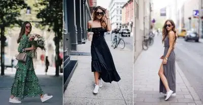 Các nàng có thể tạo nên nhiều phong cách từ bánh bèo đến cá tính bằng cách phối giày thể thao trắng với các loại đầm dài như đầm họa tiết, đầm trễ vài và đầm thun.