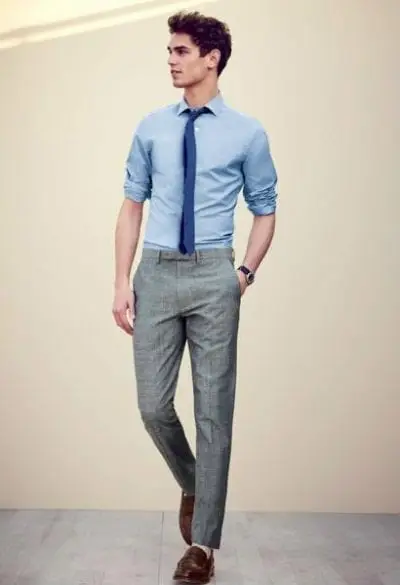 Quần âu, áo sơ mi và cà vạt mix cùng giày lười cho chàng trai công sở phong cách sang trọng