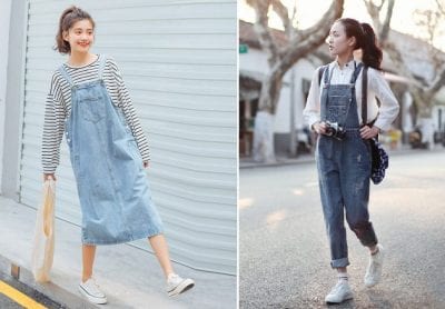 Vẫn luôn năng động, cá tính nhưng không kém phần đáng yêu chính là combo giày thể thao phối cùng váy yếm hoặc quần yếm.