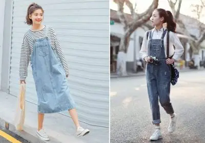 Vẫn luôn năng động, cá tính nhưng không kém phần đáng yêu chính là combo giày thể thao phối cùng váy yếm hoặc quần yếm.