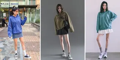 Áo hoodie + Chân váy + Giày sneaker nữ